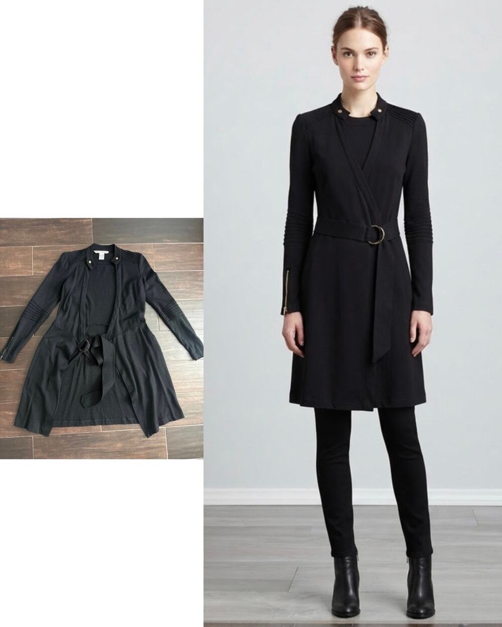 Diane von Furstenberg Black Wool Wrap Coat Dress Moto Military Size 6